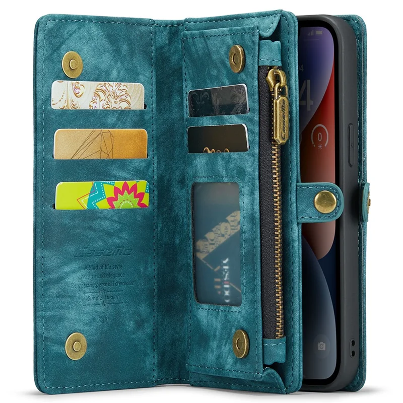 For iPhone 15 Phone Cases CASEME 008 Leather Cover with Detachable Wallet and Strap - Blue