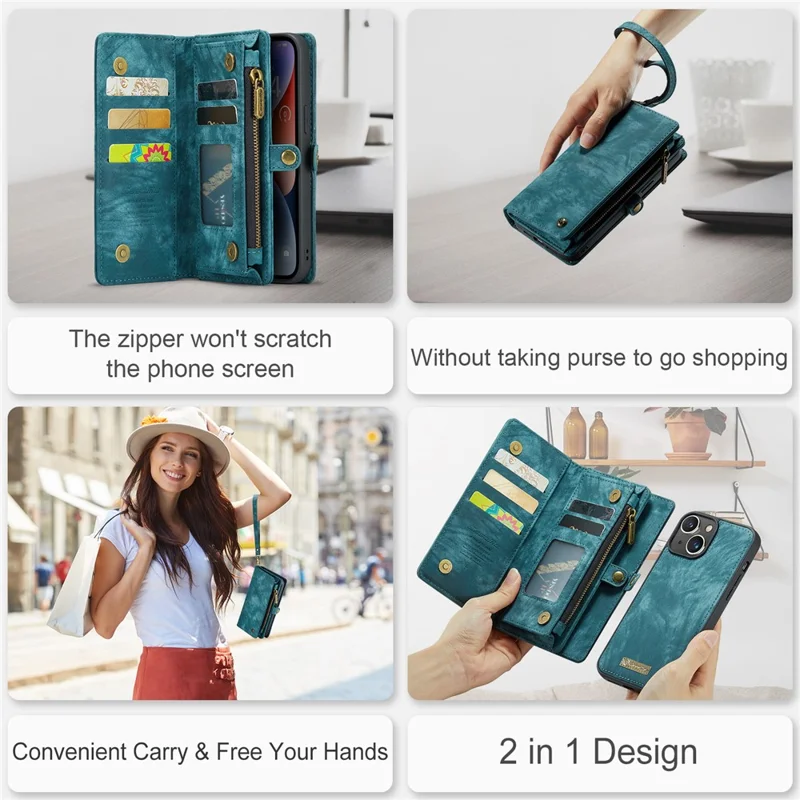 For iPhone 15 Phone Cases CASEME 008 Leather Cover with Detachable Wallet and Strap - Blue