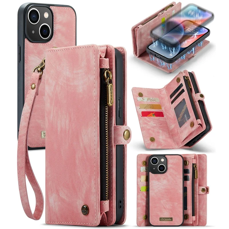 CASEME 008 Série para iPhone 15 Destacável de Couro Anti-queda Suporte de Carteira Capa de Telefone com Bolso com Zíper - Rosa