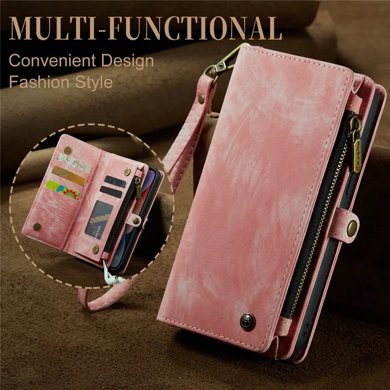 CASEME 008 Série para iPhone 15 Destacável de Couro Anti-queda Suporte de Carteira Capa de Telefone com Bolso com Zíper - Rosa