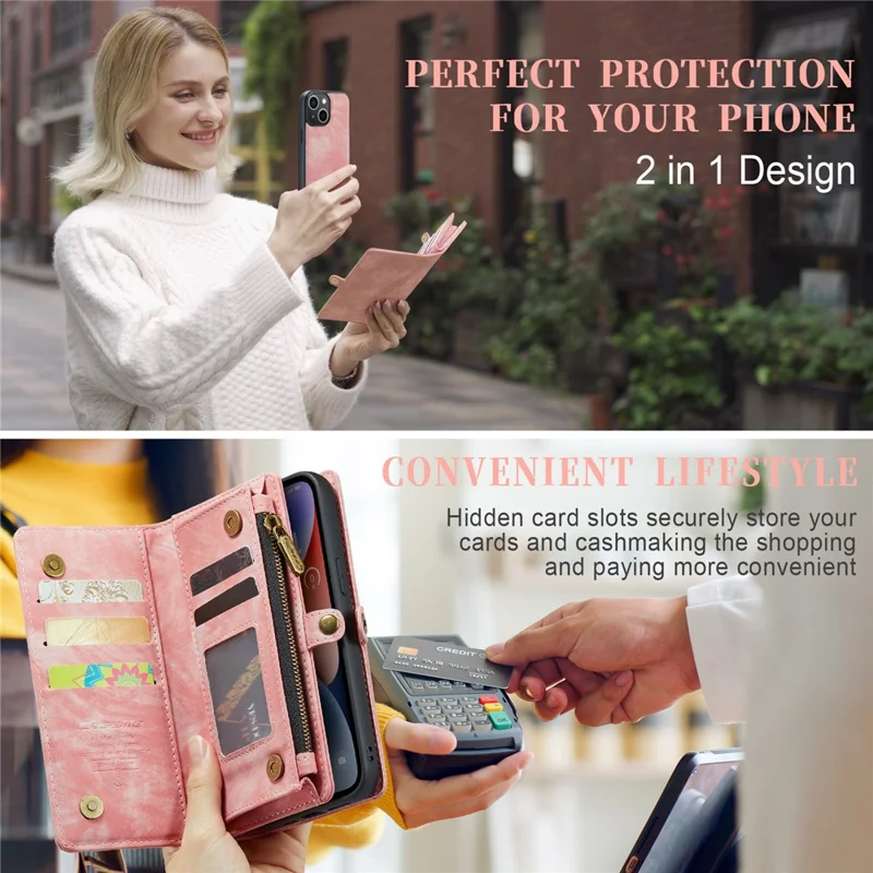 CASEME 008 Série para iPhone 15 Destacável de Couro Anti-queda Suporte de Carteira Capa de Telefone com Bolso com Zíper - Rosa
