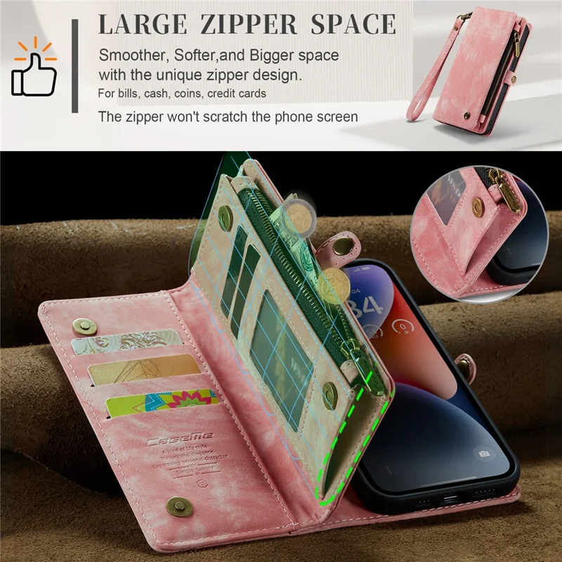 CASEME 008 Série para iPhone 15 Destacável de Couro Anti-queda Suporte de Carteira Capa de Telefone com Bolso com Zíper - Rosa