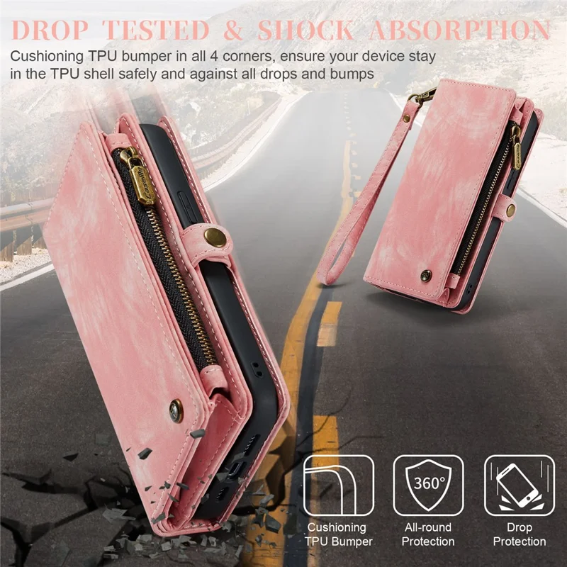 CASEME 008 Série para iPhone 15 Destacável de Couro Anti-queda Suporte de Carteira Capa de Telefone com Bolso com Zíper - Rosa