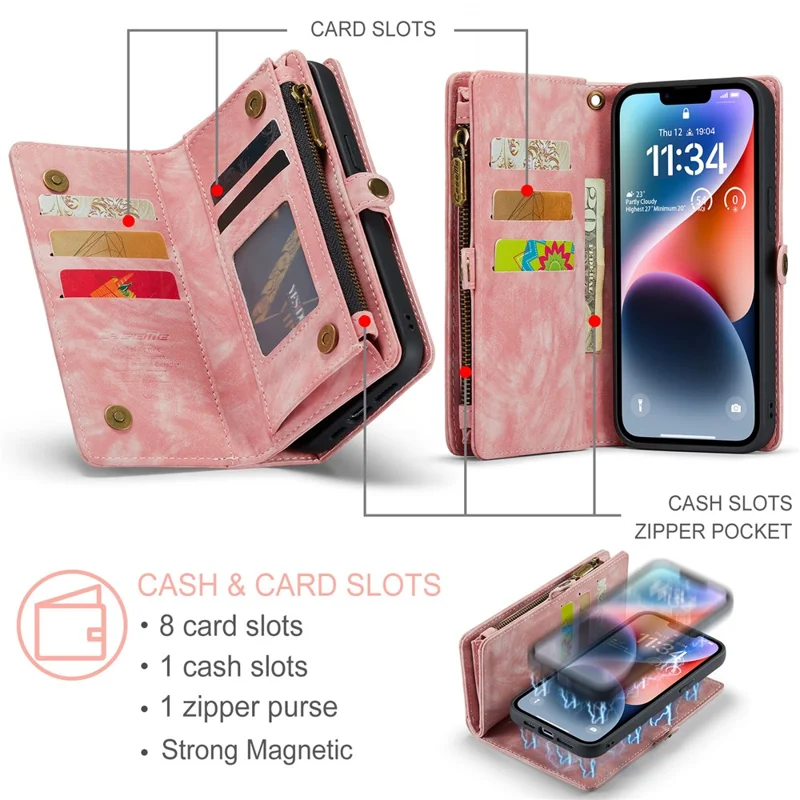 CASEME 008 Série para iPhone 15 Destacável de Couro Anti-queda Suporte de Carteira Capa de Telefone com Bolso com Zíper - Rosa