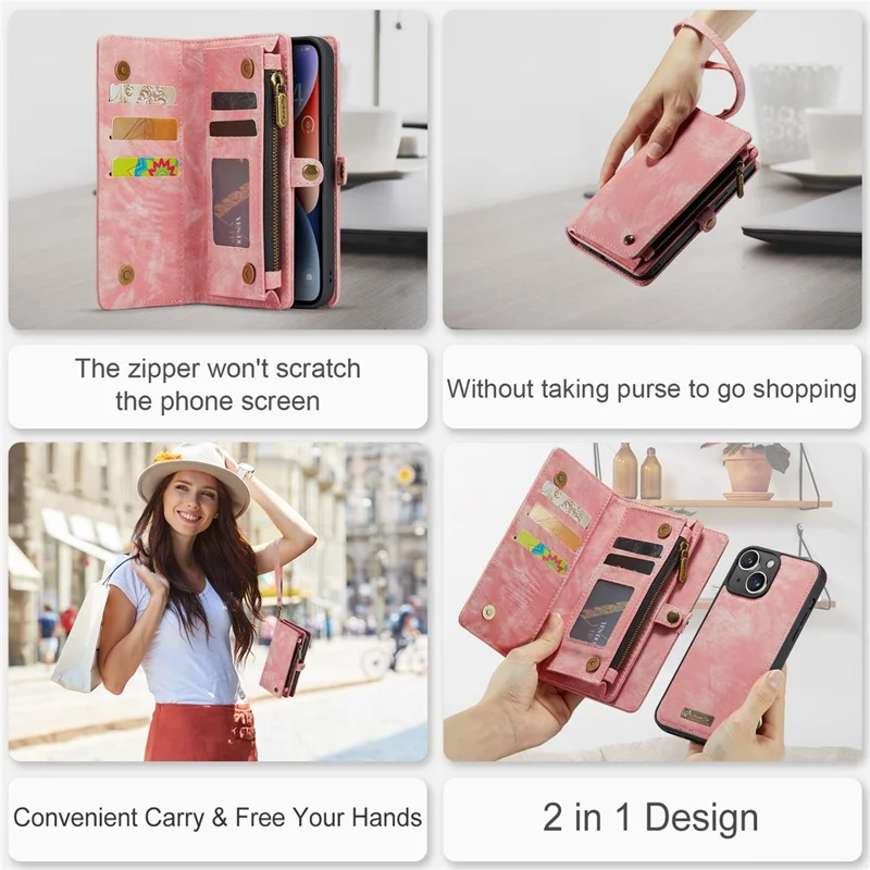 CASEME 008 Série para iPhone 15 Destacável de Couro Anti-queda Suporte de Carteira Capa de Telefone com Bolso com Zíper - Rosa