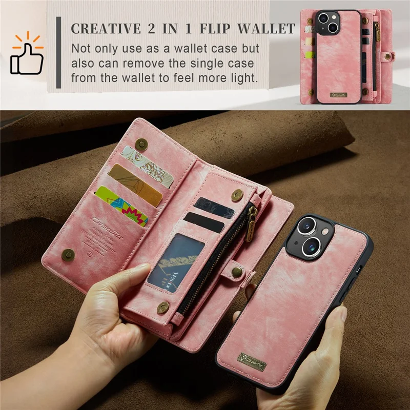 CASEME 008 Série para iPhone 15 Destacável de Couro Anti-queda Suporte de Carteira Capa de Telefone com Bolso com Zíper - Rosa