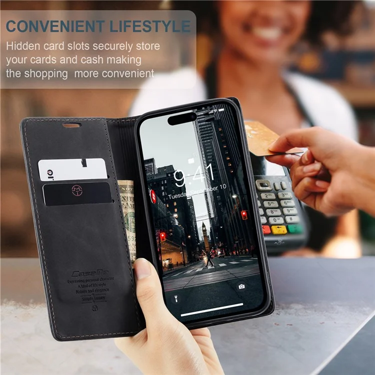 CASEME 013 Series для iPhone 15 Pro Кожаный бумажник Чехол для телефона Складной Стенд Антиоцарапин Обложка - Черный