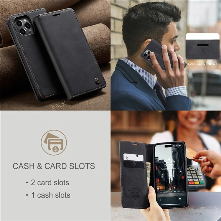 CASEME 013 Series для iPhone 15 Pro Кожаный бумажник Чехол для телефона Складной Стенд Антиоцарапин Обложка - Черный