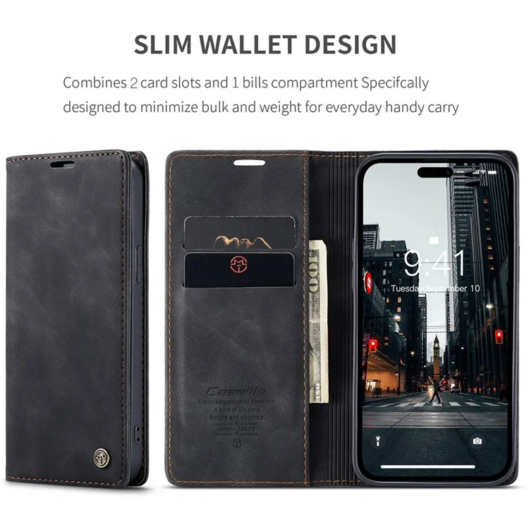 CASEME 013 Series для iPhone 15 Pro Кожаный бумажник Чехол для телефона Складной Стенд Антиоцарапин Обложка - Черный