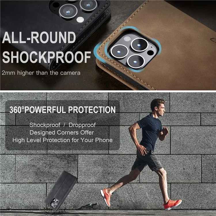 CASEME 013 Series для iPhone 15 Pro Кожаный бумажник Чехол для телефона Складной Стенд Антиоцарапин Обложка - Черный
