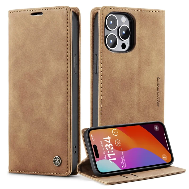 CASEME 013 Series For iPhone 15 Pro Leather Wallet Phone Case Folding Stand Anti-scratch Cover - Brown
