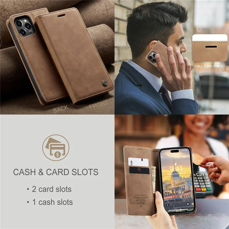 CASEME 013 Series For iPhone 15 Pro Leather Wallet Phone Case Folding Stand Anti-scratch Cover - Brown