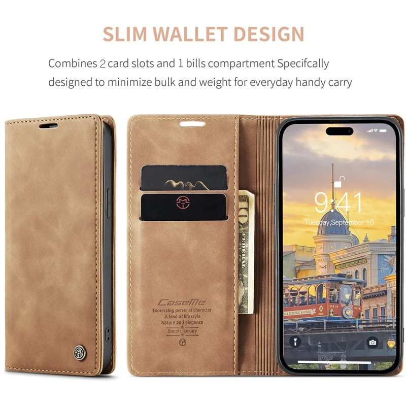 CASEME 013 Series For iPhone 15 Pro Leather Wallet Phone Case Folding Stand Anti-scratch Cover - Brown