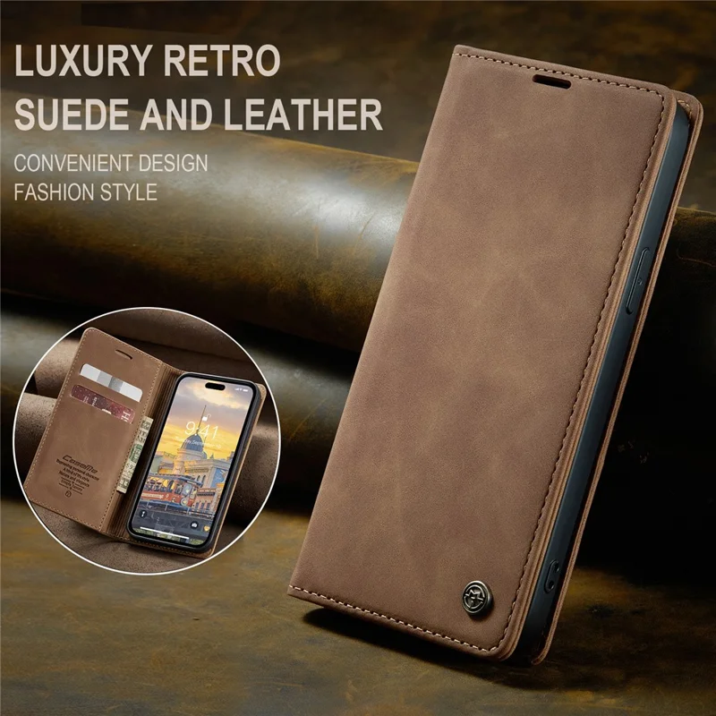 CASEME 013 Series For iPhone 15 Pro Leather Wallet Phone Case Folding Stand Anti-scratch Cover - Brown
