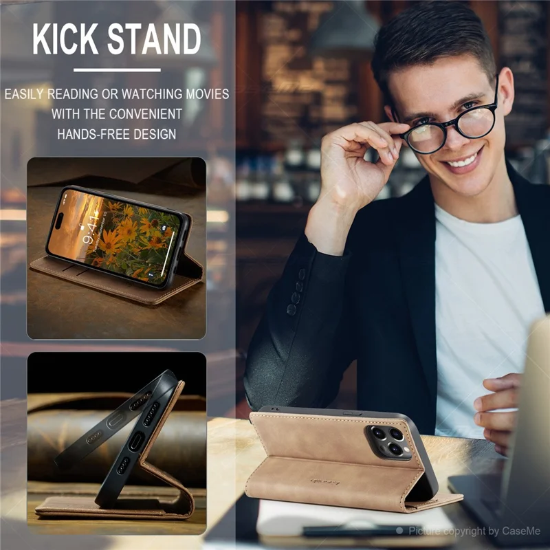 CASEME 013 Series For iPhone 15 Pro Leather Wallet Phone Case Folding Stand Anti-scratch Cover - Brown