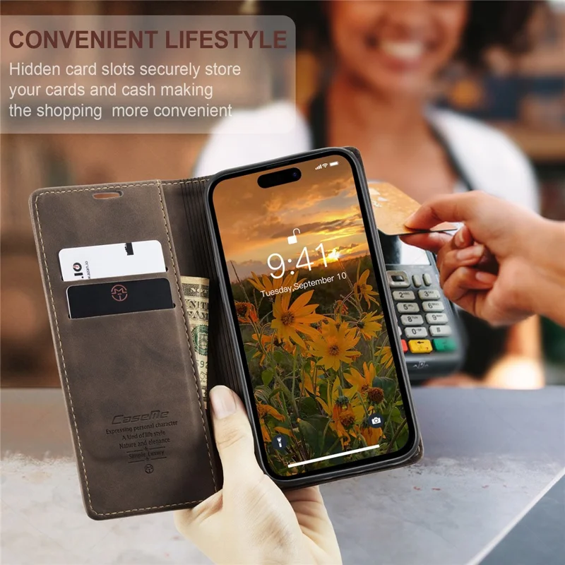 CASEME 013 Series für iPhone 15 Pro Leder-Geldbörsen-Handyhülle, faltbarer Ständer, Kratzer-resistente Abdeckung - Kaffee
