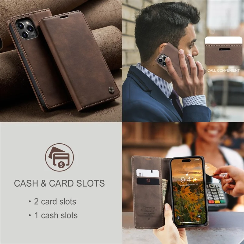 CASEME 013 Series für iPhone 15 Pro Leder-Geldbörsen-Handyhülle, faltbarer Ständer, Kratzer-resistente Abdeckung - Kaffee