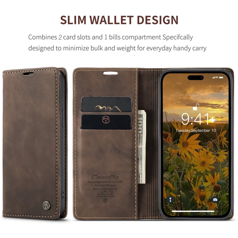 CASEME 013 Series für iPhone 15 Pro Leder-Geldbörsen-Handyhülle, faltbarer Ständer, Kratzer-resistente Abdeckung - Kaffee