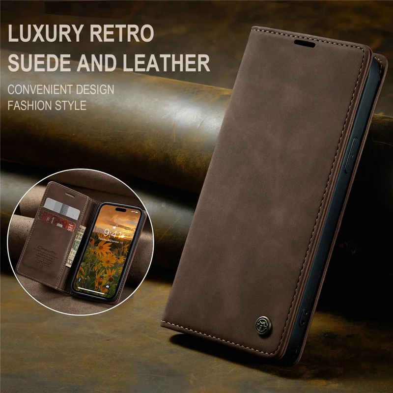 CASEME 013 Series für iPhone 15 Pro Leder-Geldbörsen-Handyhülle, faltbarer Ständer, Kratzer-resistente Abdeckung - Kaffee