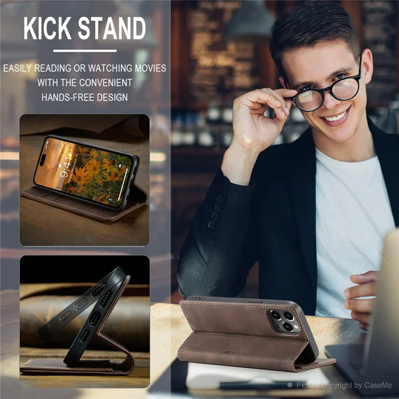 CASEME 013 Series für iPhone 15 Pro Leder-Geldbörsen-Handyhülle, faltbarer Ständer, Kratzer-resistente Abdeckung - Kaffee