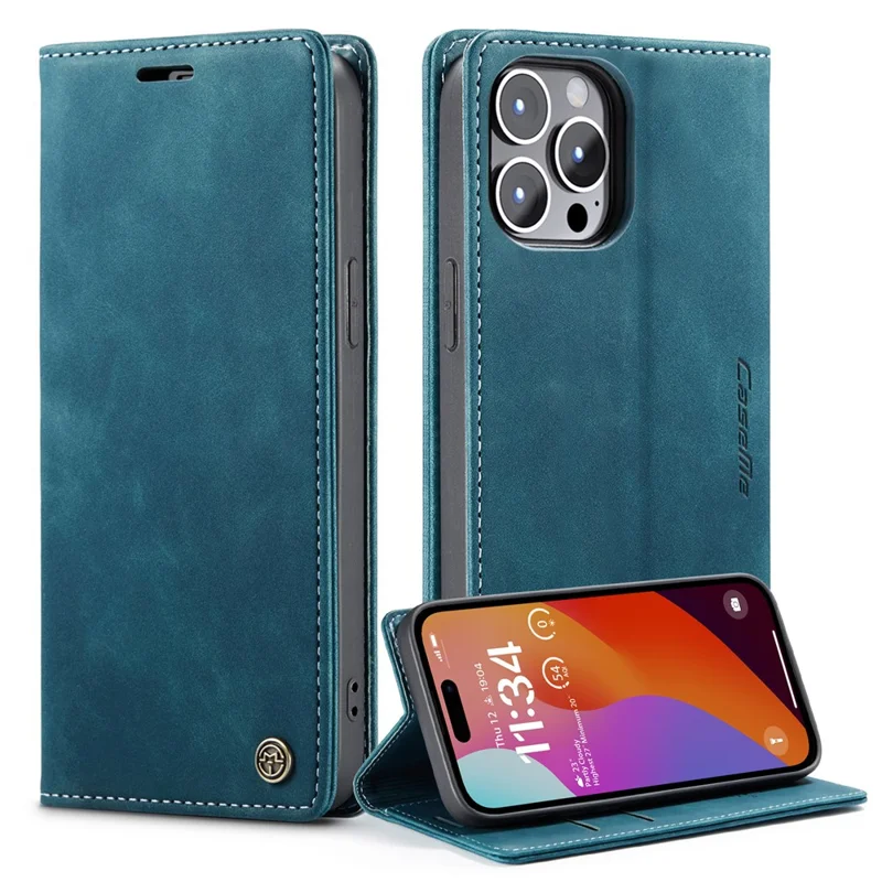 CASEME 013 Series For iPhone 15 Pro Leather Wallet Phone Case Folding Stand Anti-scratch Cover - Blue