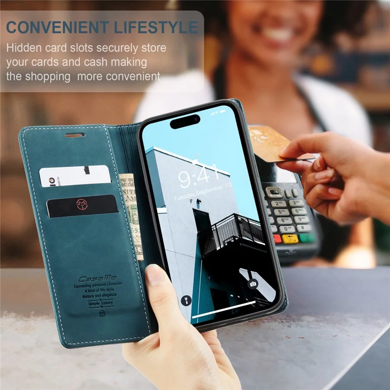 CASEME 013 Series For iPhone 15 Pro Leather Wallet Phone Case Folding Stand Anti-scratch Cover - Blue