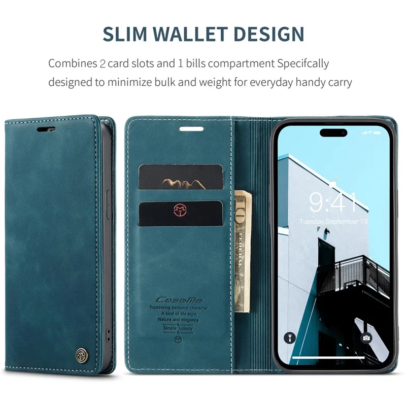 CASEME 013 Series For iPhone 15 Pro Leather Wallet Phone Case Folding Stand Anti-scratch Cover - Blue