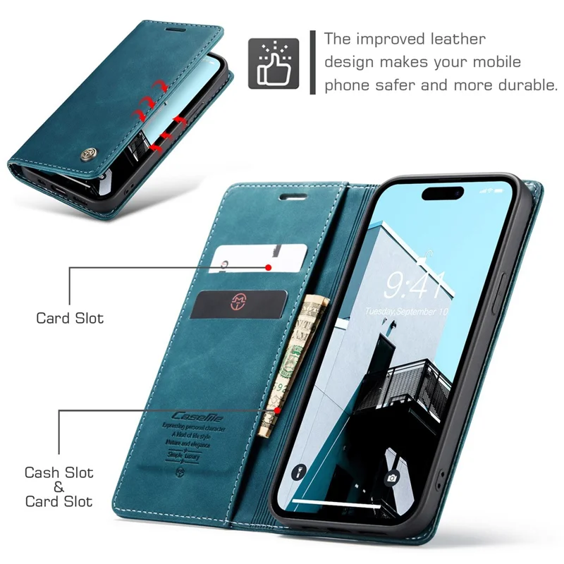 CASEME 013 Series For iPhone 15 Pro Leather Wallet Phone Case Folding Stand Anti-scratch Cover - Blue