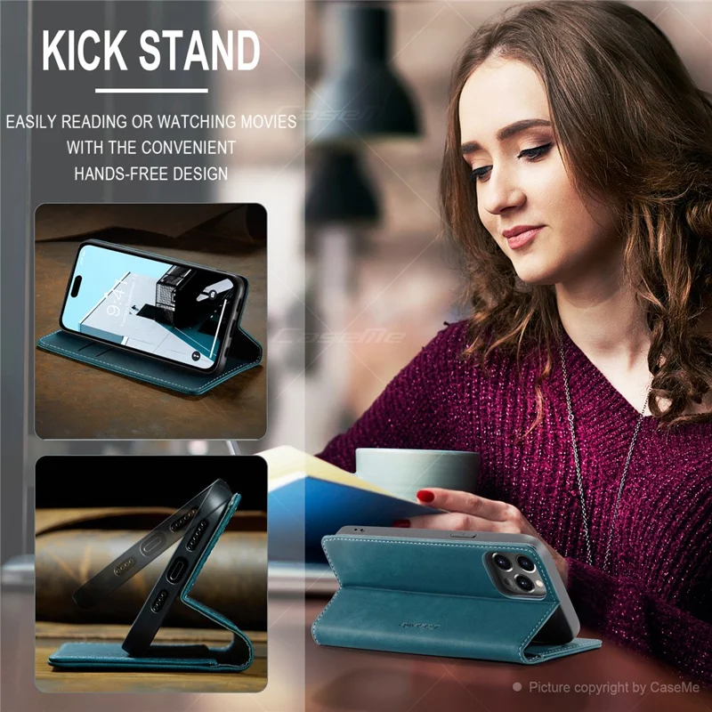 CASEME 013 Series For iPhone 15 Pro Leather Wallet Phone Case Folding Stand Anti-scratch Cover - Blue