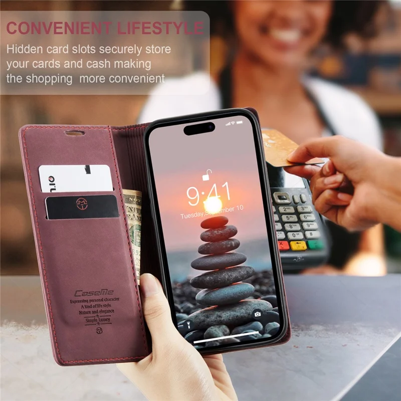 CASEME 013 Series For iPhone 15 Pro Leather Wallet Phone Case Folding Stand Anti-scratch Cover - Red