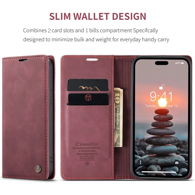 CASEME 013 Series For iPhone 15 Pro Leather Wallet Phone Case Folding Stand Anti-scratch Cover - Red