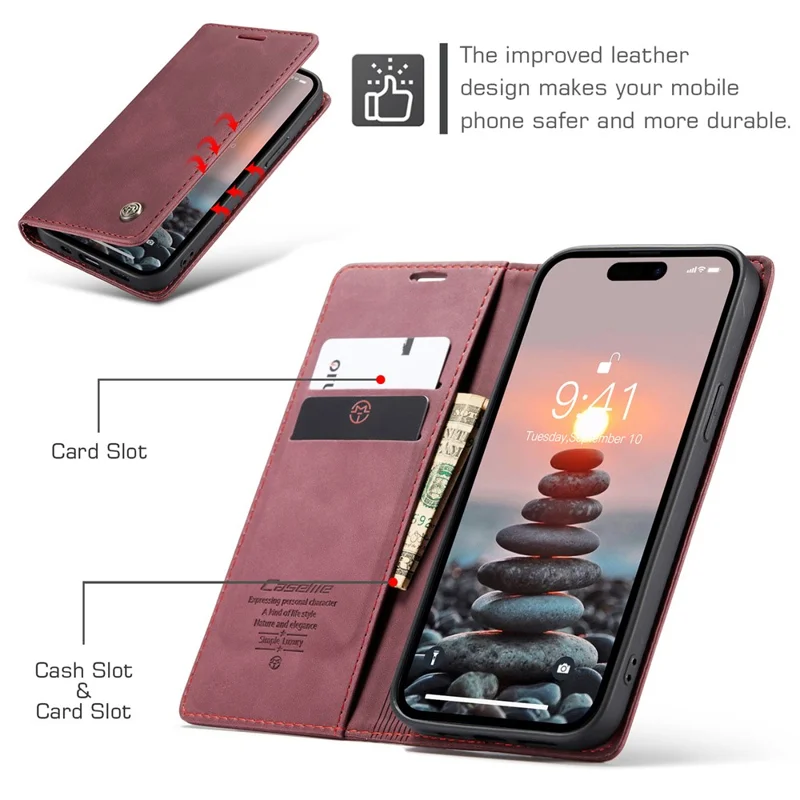 CASEME 013 Series For iPhone 15 Pro Leather Wallet Phone Case Folding Stand Anti-scratch Cover - Red