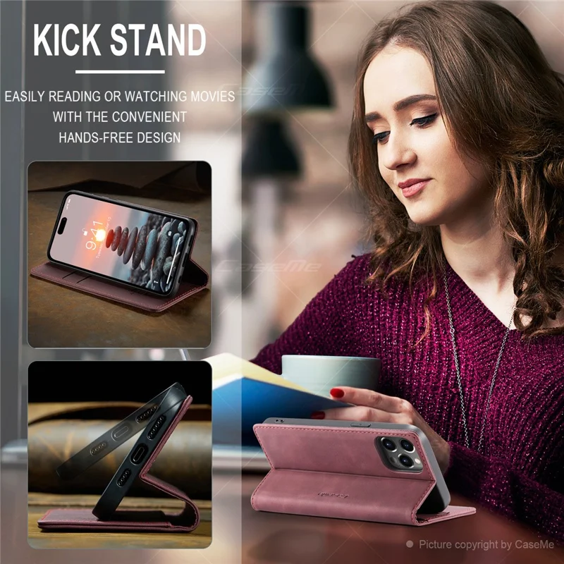 CASEME 013 Series For iPhone 15 Pro Leather Wallet Phone Case Folding Stand Anti-scratch Cover - Red