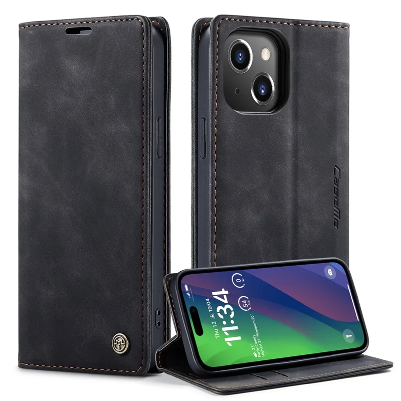 CASEME 013 Serie Für iPhone 15 Leder-Wallet-Handyhülle Flip-Ständer Stoßfeste Abdeckung - Schwarz