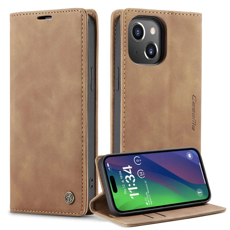 CASEME 013 Series Capa-carteira de couro para iPhone 15 com suporte dobrável e proteção contra quedas - Marrom 