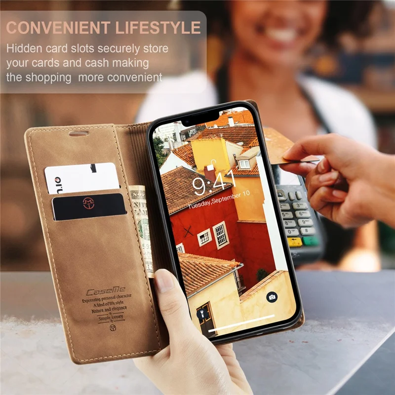 CASEME 013 Series Capa-carteira de couro para iPhone 15 com suporte dobrável e proteção contra quedas - Marrom 