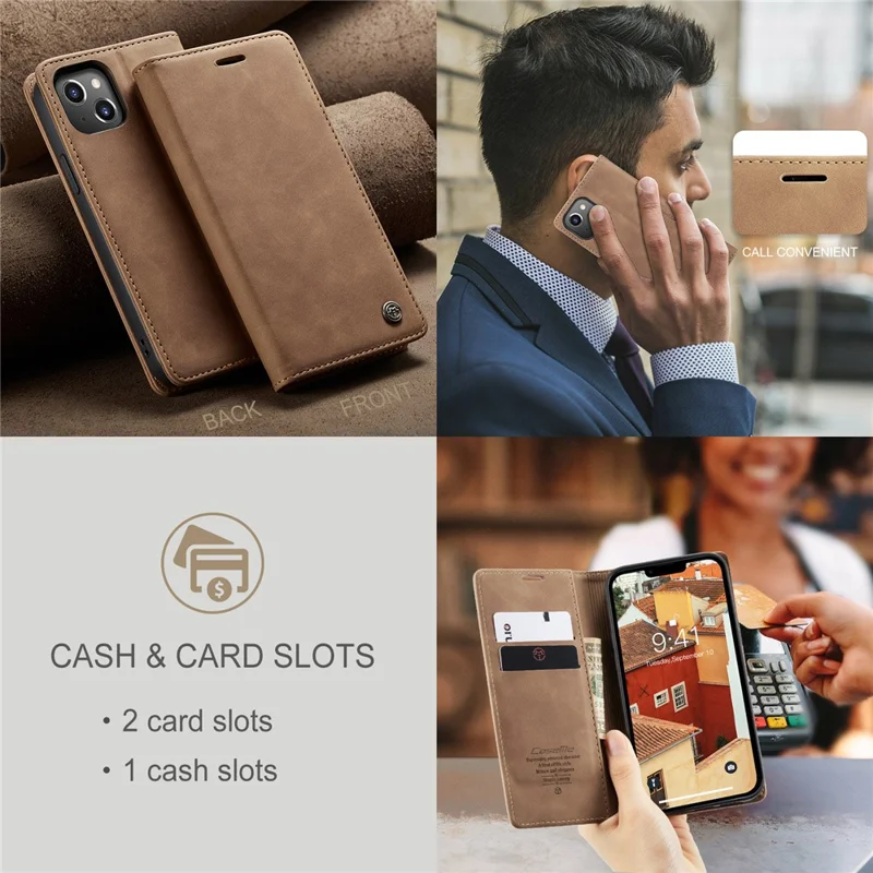 CASEME 013 Series Capa-carteira de couro para iPhone 15 com suporte dobrável e proteção contra quedas - Marrom 
