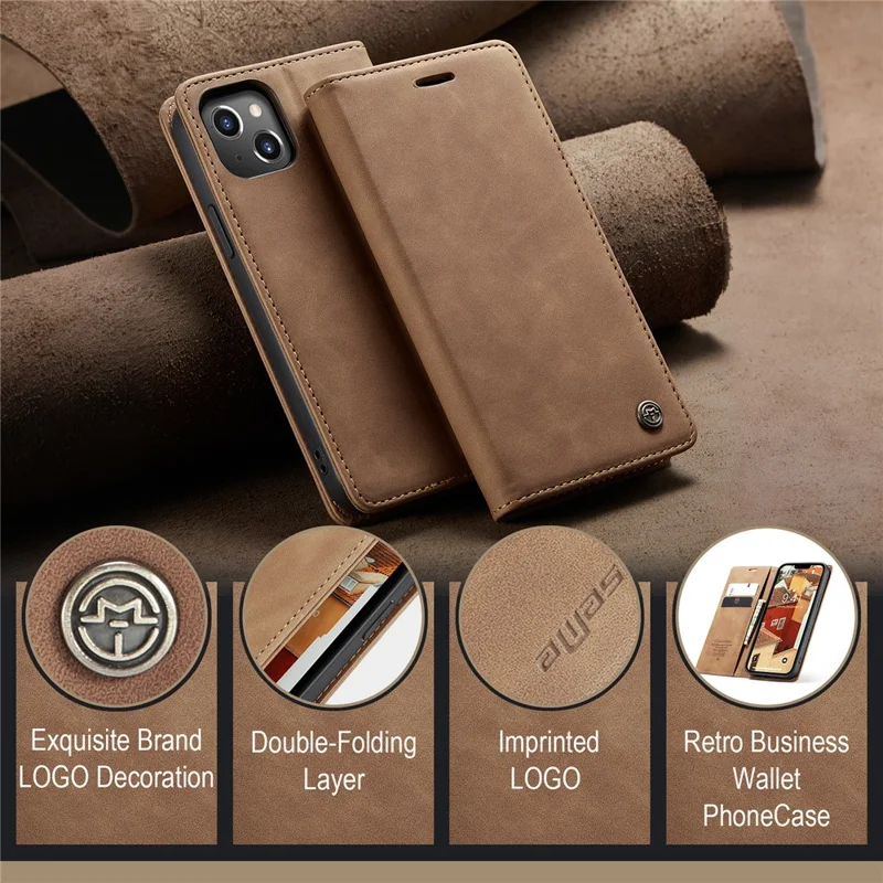 CASEME 013 Series Capa-carteira de couro para iPhone 15 com suporte dobrável e proteção contra quedas - Marrom 