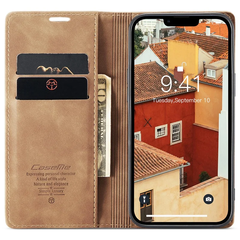 CASEME 013 Series Capa-carteira de couro para iPhone 15 com suporte dobrável e proteção contra quedas - Marrom 