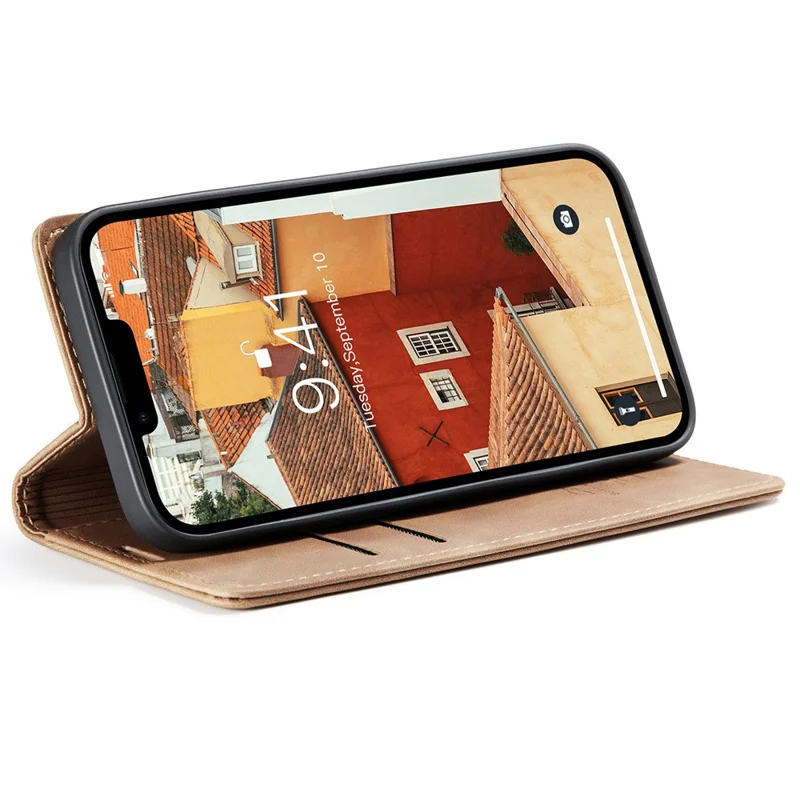 CASEME 013 Series Capa-carteira de couro para iPhone 15 com suporte dobrável e proteção contra quedas - Marrom 