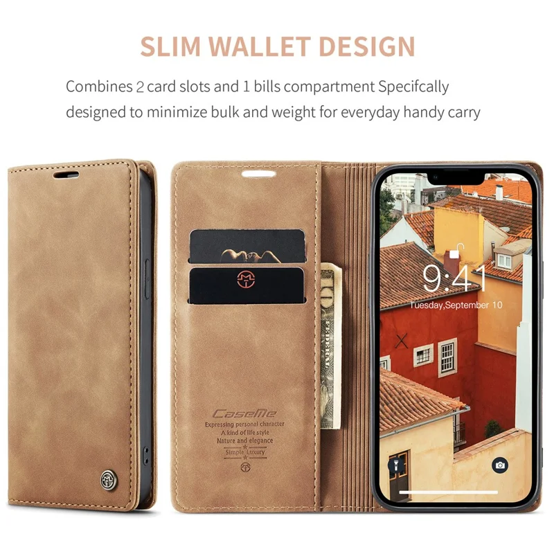 CASEME 013 Series Capa-carteira de couro para iPhone 15 com suporte dobrável e proteção contra quedas - Marrom 