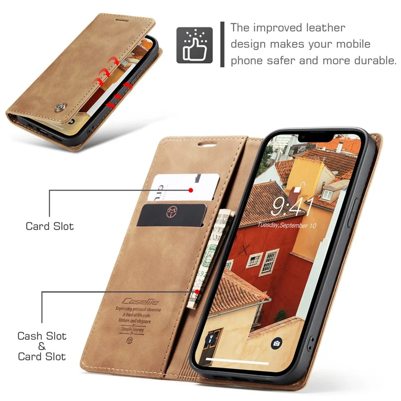 CASEME 013 Series Capa-carteira de couro para iPhone 15 com suporte dobrável e proteção contra quedas - Marrom 