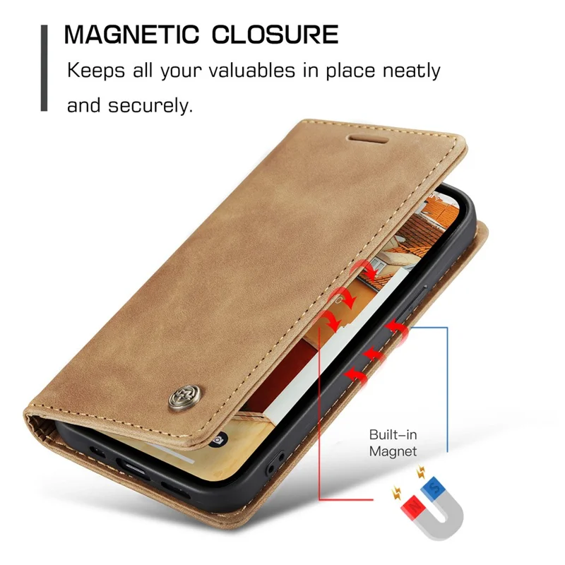 CASEME 013 Series Capa-carteira de couro para iPhone 15 com suporte dobrável e proteção contra quedas - Marrom 