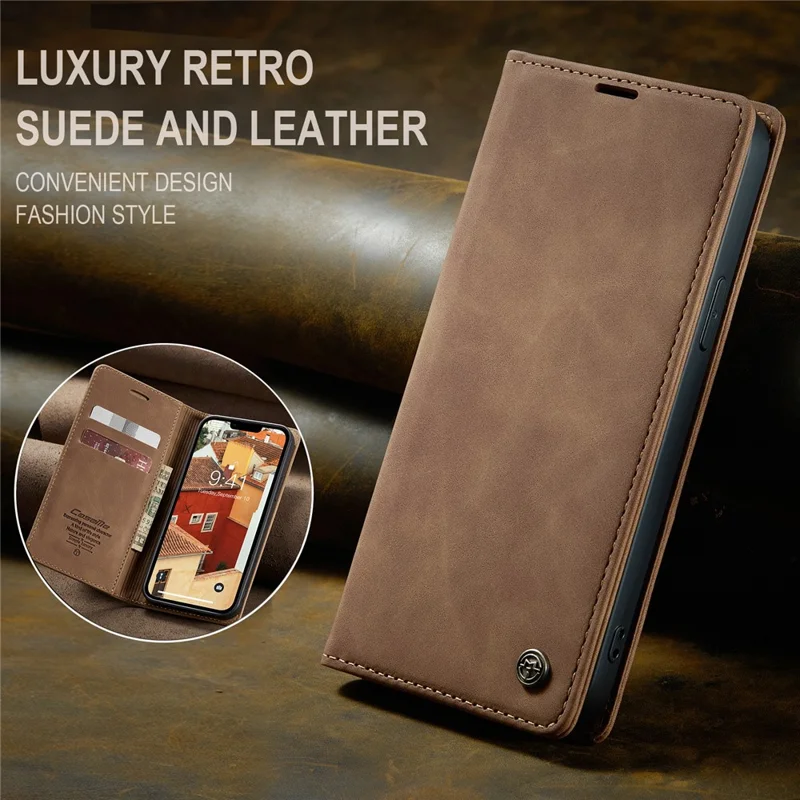 CASEME 013 Series Capa-carteira de couro para iPhone 15 com suporte dobrável e proteção contra quedas - Marrom 