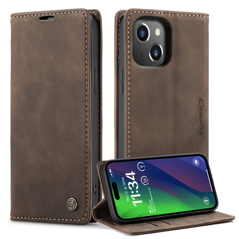CASEME 013 Series For iPhone 15 Leather Wallet Phone Case Flip Stand Drop-proof Cover - Coffee