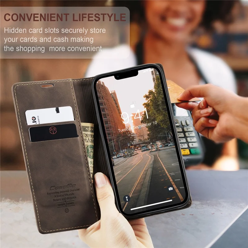 CASEME 013 Series For iPhone 15 Leather Wallet Phone Case Flip Stand Drop-proof Cover - Coffee
