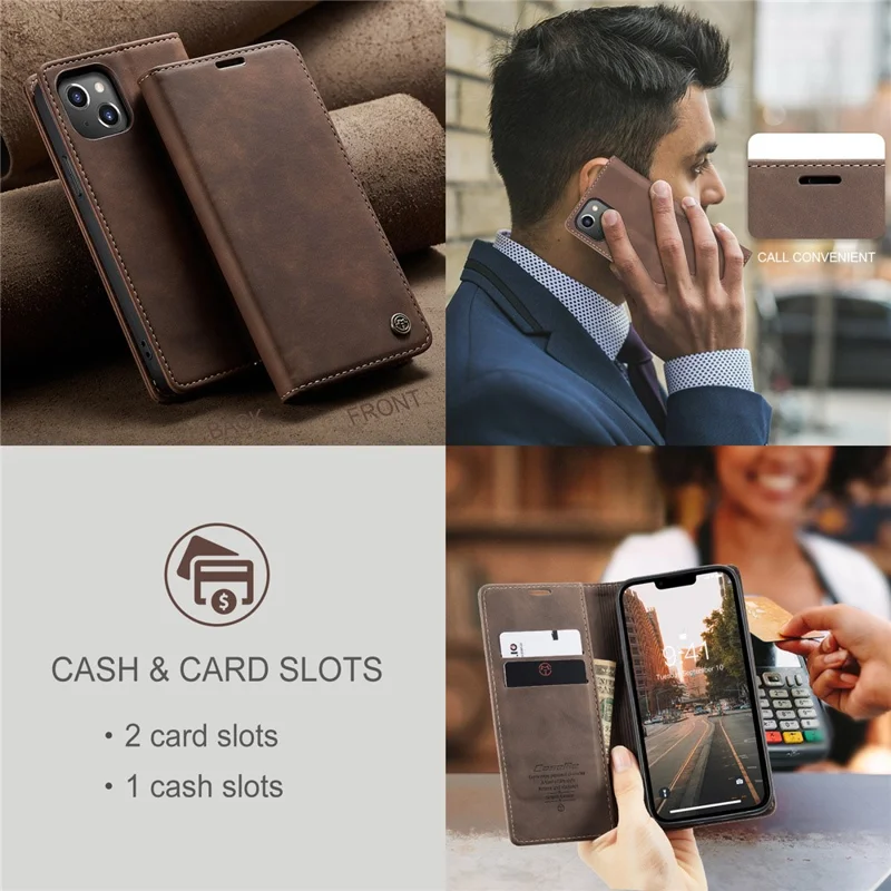 CASEME 013 Series For iPhone 15 Leather Wallet Phone Case Flip Stand Drop-proof Cover - Coffee