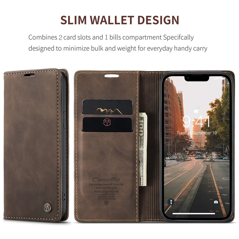 CASEME 013 Series For iPhone 15 Leather Wallet Phone Case Flip Stand Drop-proof Cover - Coffee