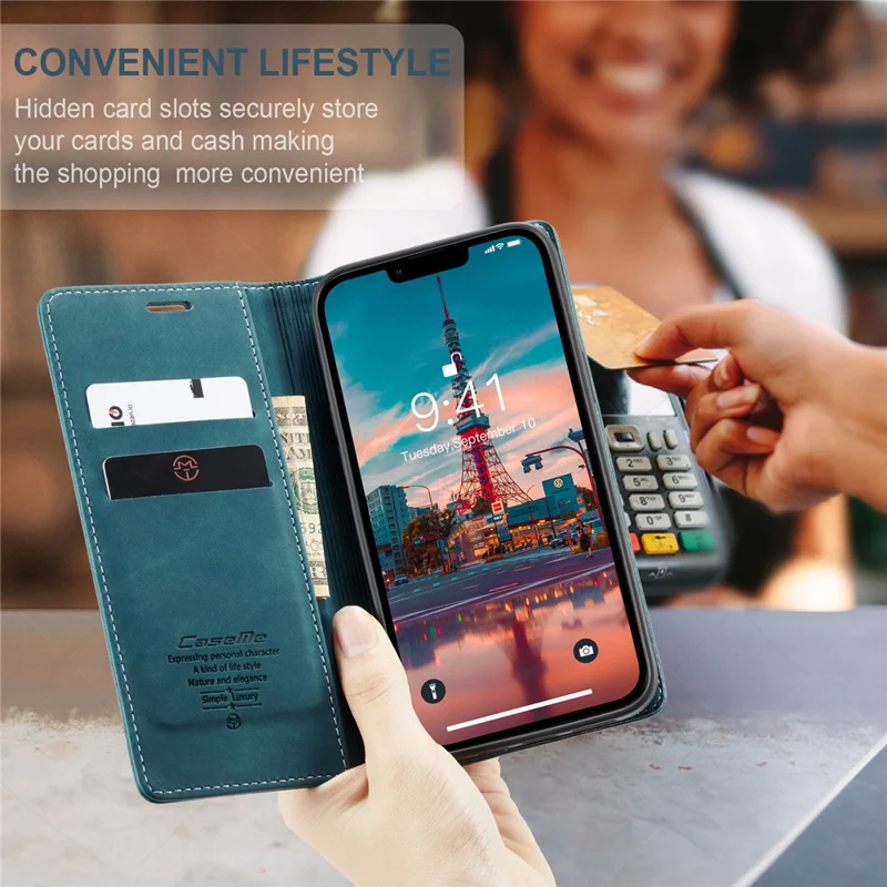 CASEME 013 Series For iPhone 15 Leather Wallet Phone Case Flip Stand Drop-proof Cover - Blue