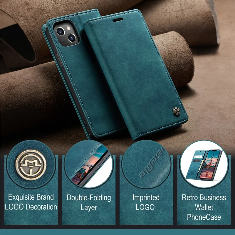 CASEME 013 Series For iPhone 15 Leather Wallet Phone Case Flip Stand Drop-proof Cover - Blue